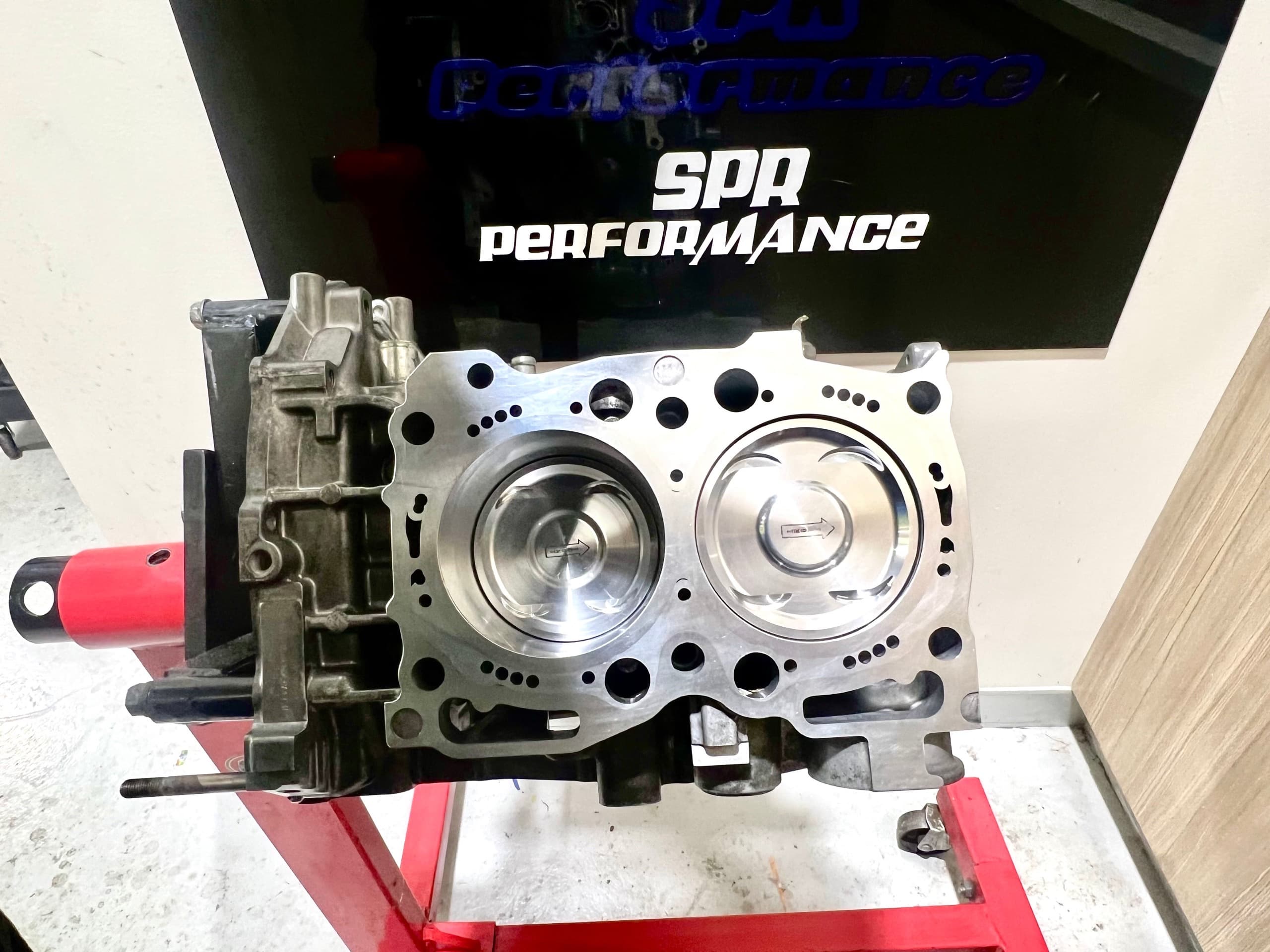 Subaru EJ short block on a stand at SPR Performance in Southport